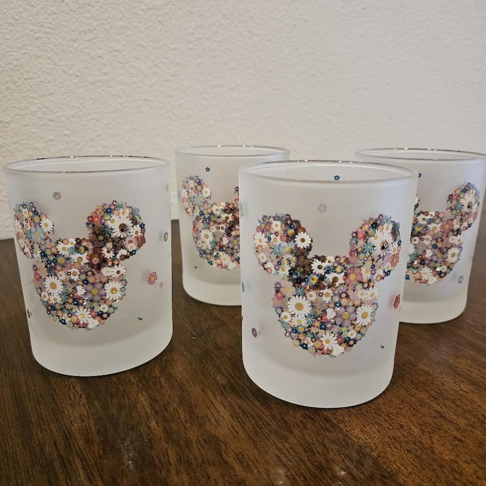 Four Disney Mickey Mouse Floral Frosted Glasses Set